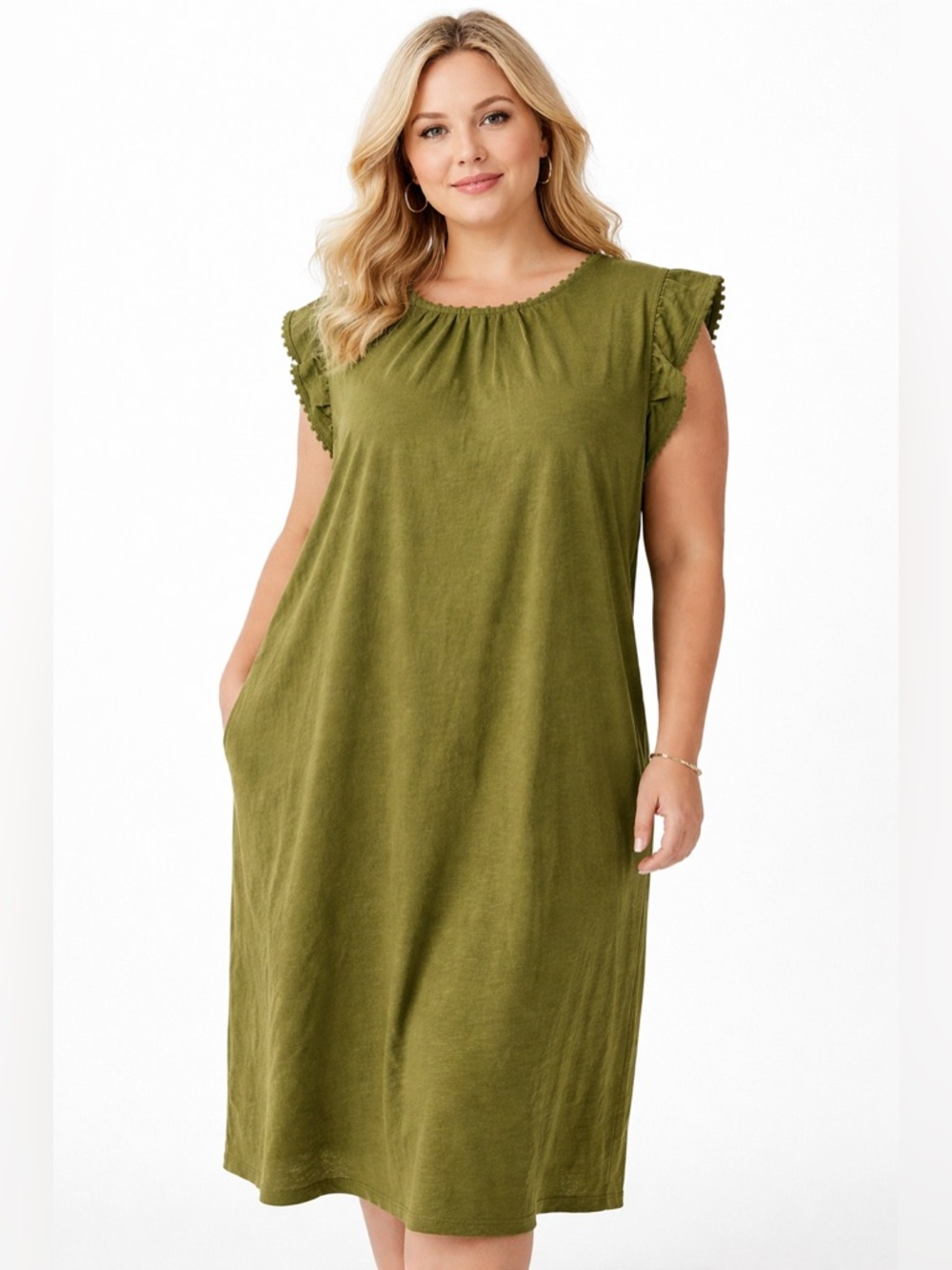 Boden Cotton Olive Green Midi Dress with Pom-Pom Trim Size 16/XL
